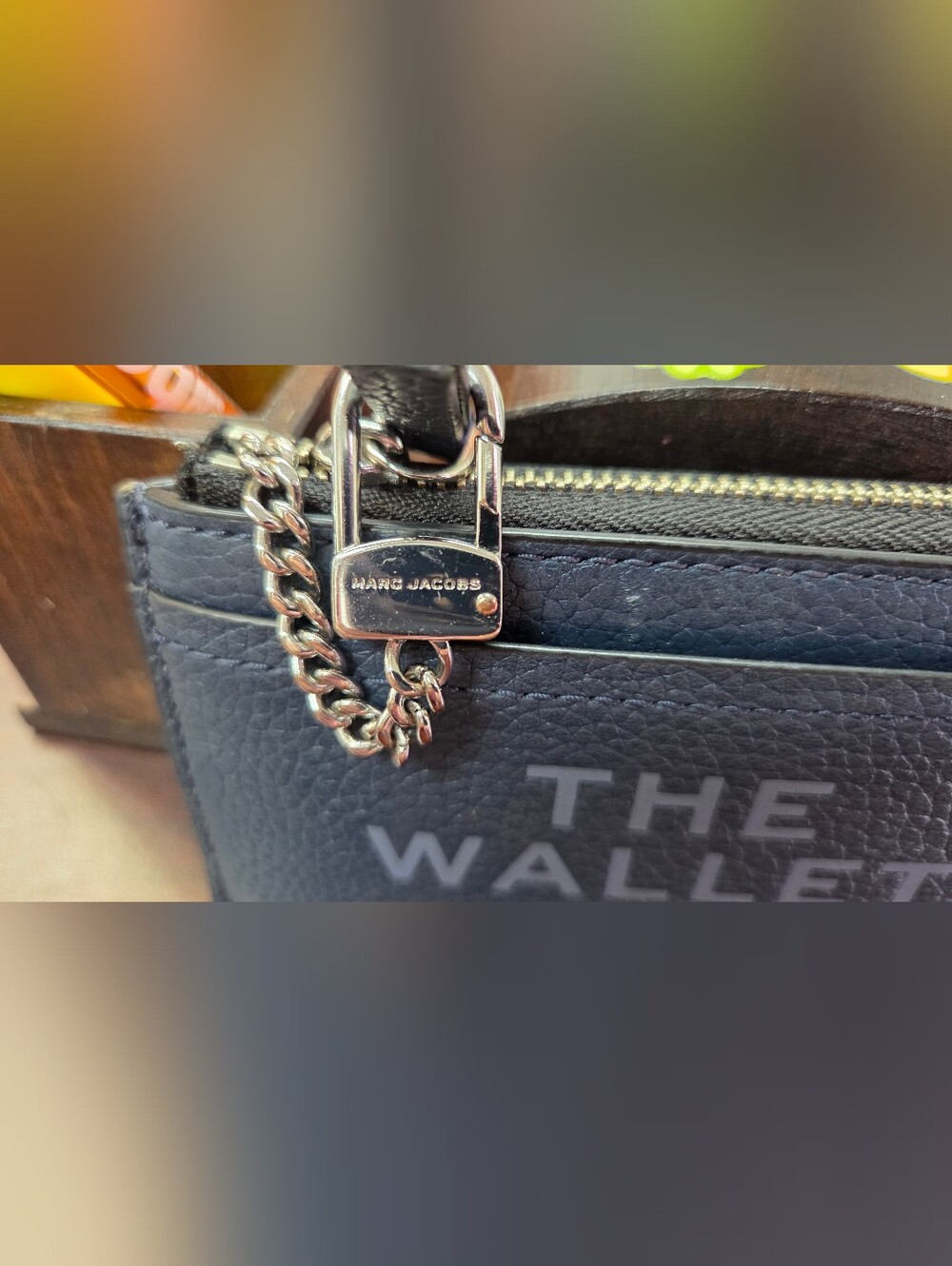 Marc Jacobs Navy Textured Leather Wallet with Silver Chain Accent